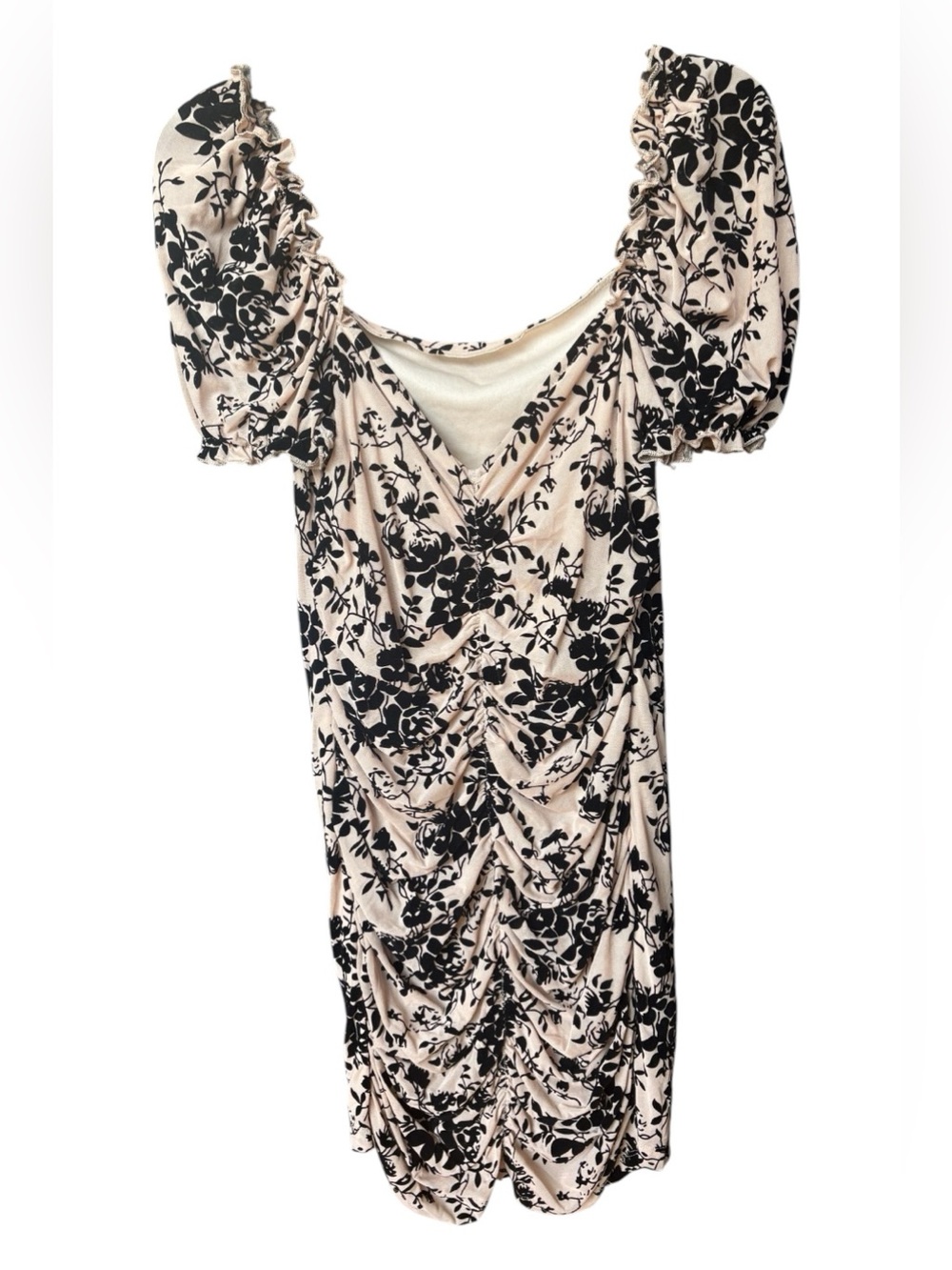SHEIN Beige Floral Midi Dress with Black Print